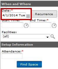 4. Under When and Where on the Room Request screen, enter the date for your meeting in the date field (See Figure 3). Figure 3 - When and Where: Date 5.