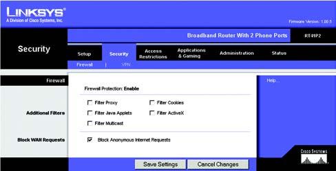 The Security Tab - Firewall When you click the Security tab, you will see the Firewall screen. The Router s firewall enhances the security of your network.