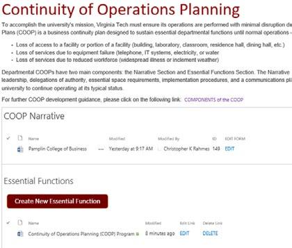Office of Emergency Management Once on the COOP page, you will see your departmental COOP Narrative and associated Essential Functions.