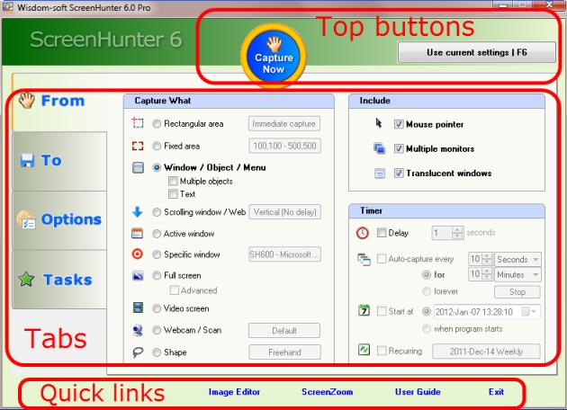 The Main Window The Main Window consists of top buttons, tabs, and bottom quick links. Top Buttons These buttons are always available even you change tabs.