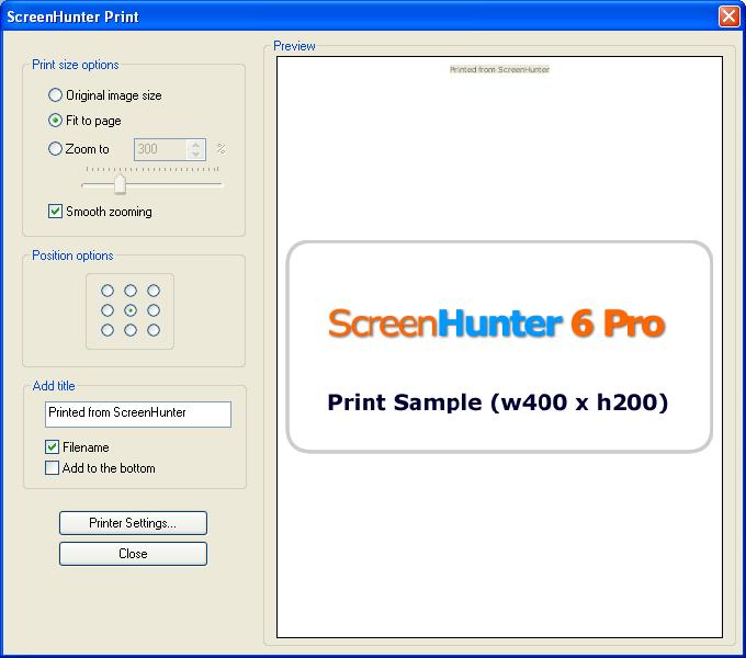 To change the printer and printing options, click the print settings button at right. The currently selected option information is shown on the button. (S) stands for smooth zooming.