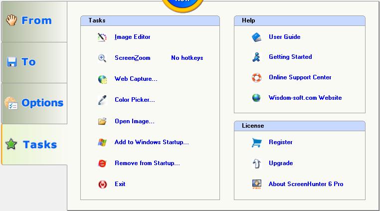 Tasks Tab The Tasks tab groups additional tasks, help information and version related items on a single tab.