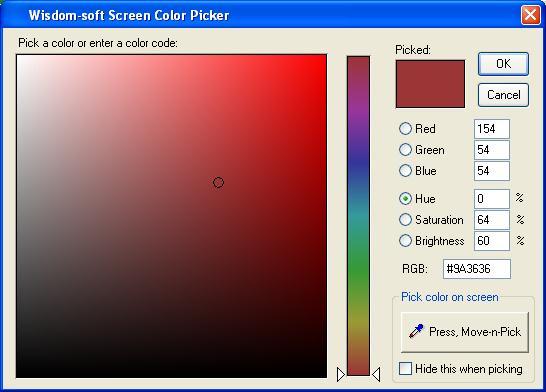 Color Picker Wisdom-soft Color Picker provides a convenient way to pick a color anywhere on your screen. It shows both the RGB and hexadecimal color code.