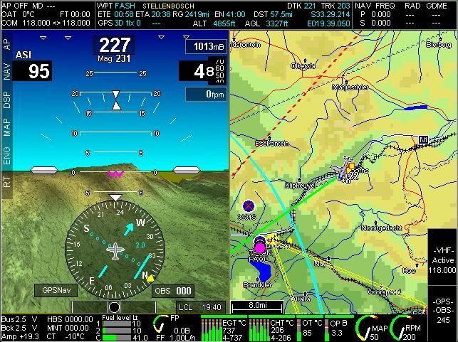 Screen 2 Synthetic vision AHRS on left, moving map on right, small engine monitor strip below.