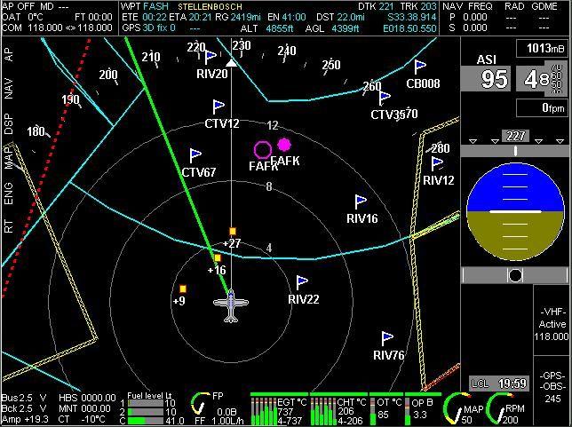Screen 5 Large moving map, abbreviated but complete primary flight instruments on right, small engine monitor strip below. This is screen 5 with the large moving map.