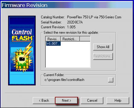 6. In the Firmware Revision dialog box, select v8.002 from the list of available updates and click Next >. 7.