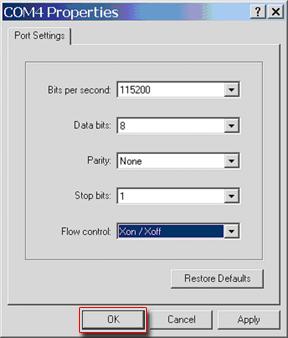 4. A Properties dialog box will appear for the selected connection device. a. Use any of the drop-down menus to change the various port settings. b. Click OK once you have finished. 5.