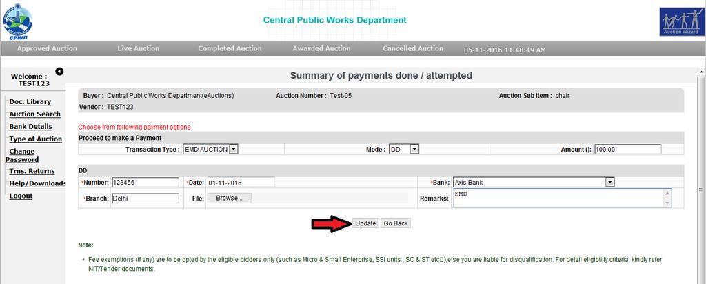 Now select the payments Mode for EMD.
