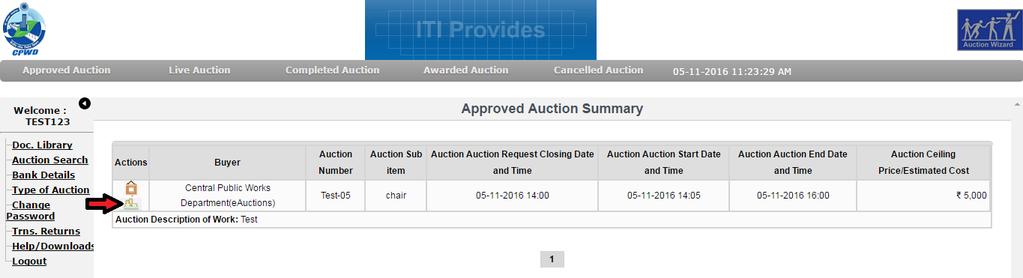 Once the EMD payment has been paid successfully the Auction Request icon will vanish at your end form the Approved Auction stage. And payment details can be viewed by clicking on icon.