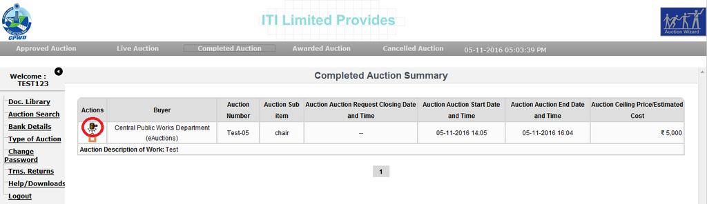 Completed Auction Screen: Once the auction has ended, it will be displayed in the Completed Auction section after all the
