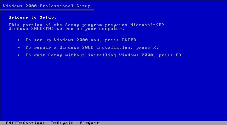 9. A blue screen will appear with the message Windows 2000 Setup. Wait while Windows 2000 loads files. 10.