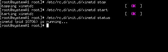 2. Next, start the xinetd daemon: /etc/rc.d/init.d/xinetd start 3. Check the status of the xinetd daemon: /etc/rc.d/init.d/xinetd status In the space below, write down the status of the xinetd daemon: Example of the xinetd daemon being stopped and started.