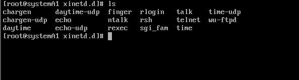 3. Next, type: ls This will display a list of all the configuration files in the xinetd.d directory. Example of the /etc/xinetd.d directory 4. Locate the Telnet file.