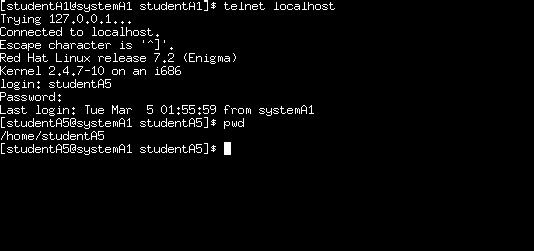 An example of a Telnet session to the localhost and running the pwd command. Step 4: Connecting to Other Systems via Telnet (optional) 1.