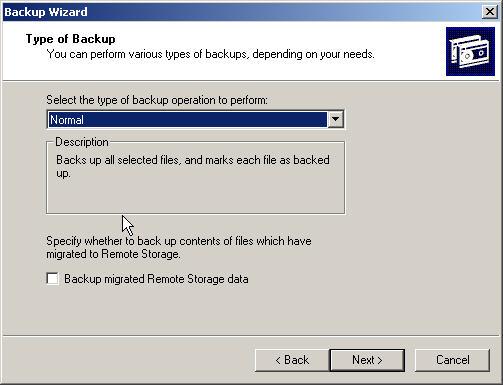 11. When the Type of Backup screen displays, make sure that Normal is selected and that the Backup Migrated Remote Storage Data check box is not checked. 12. Click Next.