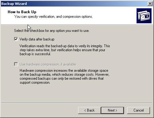 13. Select the Verify Data After Backup check box, and then click Next. 14.