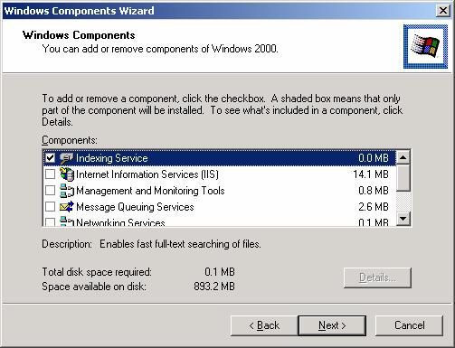 6. Click the Next button to install the Internet Information Services. The Windows 2000 Professional CD will be needed to complete the installation.