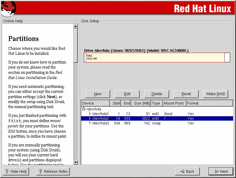 Step 10: Partitioning the System This screen displays how Red Hat has automatically determined the hard drive setup.