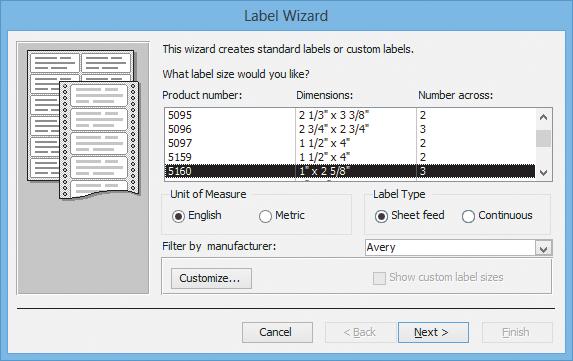 FIGURE D-17: Label Wizard dialog box Product number 5160, dimensions, and number of