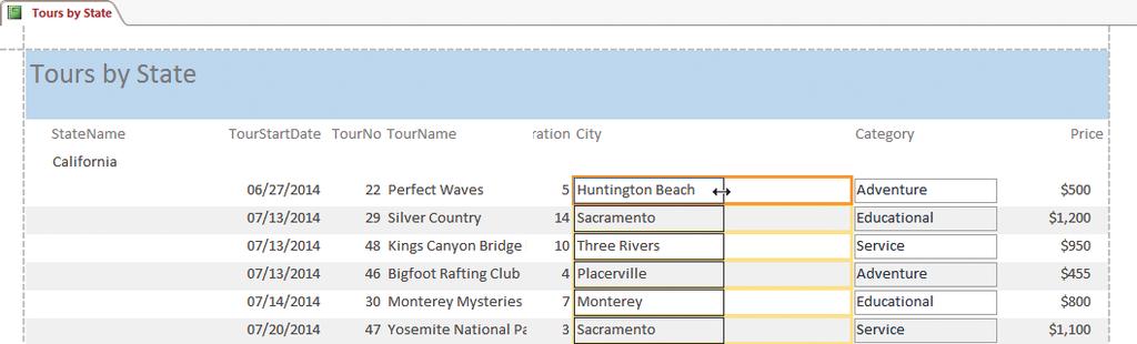 Figure D-3: Modifying the column width in Report Layout View Resizing the City field to make room for other information Figure D-4: Final Tours by State report in Report Layout View Labels have