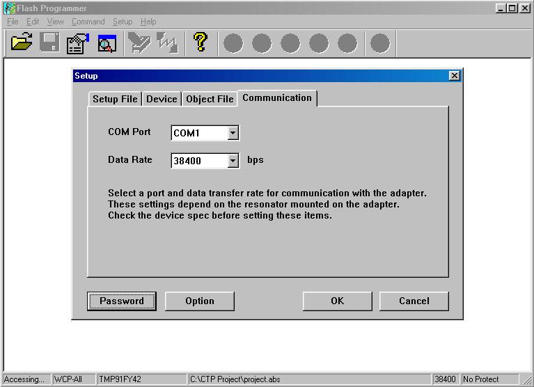 In the communication window, select the COM port, and set the data rate to 38400 bps.