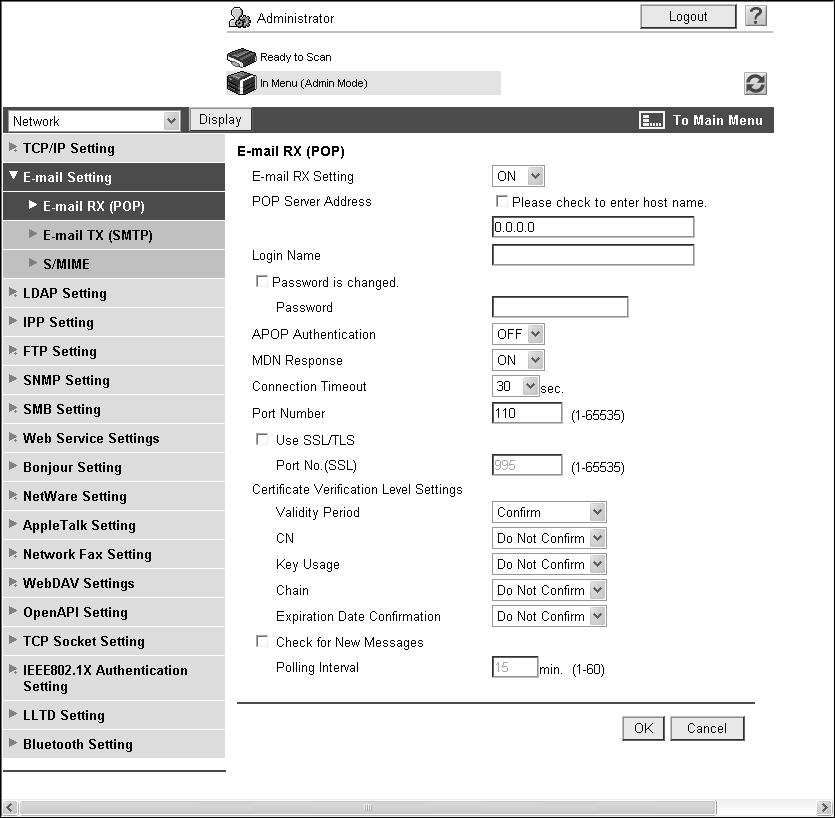 6.2 Receiving Internet faxes 6 6.2.3 [E-mail RX (POP)] In the administrator mode of Web Connection, select [Network] ö [E-mail Setting] ö [E-mail RX (POP)].