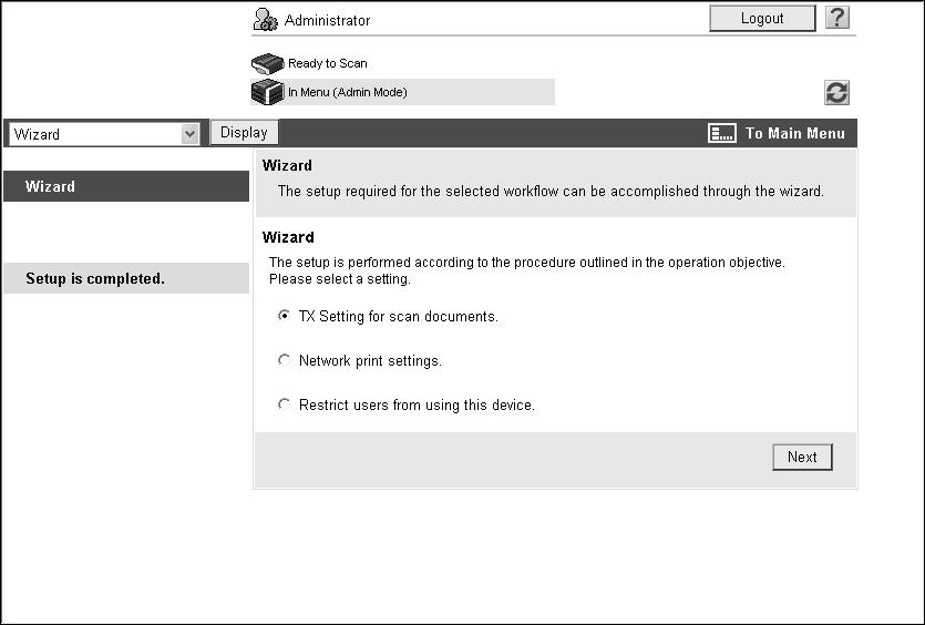 3 Configuring Settings for each Purpose via Wizard 3.4 3.4.2 [Wizard] In the administrator mode of Web Connection, select [Wizard].