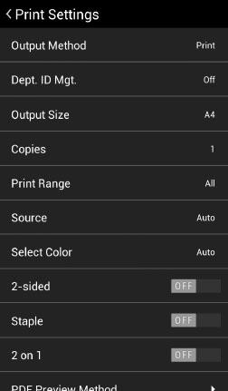 Items That Can Be Set with the Print Function [Output Method] Select an output method for print data. [Print]: Performs normal printing. [Store]: Stores the print data in an inbox in the device.