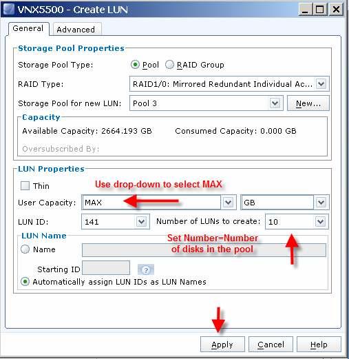 Figure 51. Creating a LUN Set the User Capacity to MAX and the Number of LUNS equal to the number of disks used in the pool, then click Apply.
