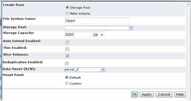 Create Apps File Systems Navigate to Storage>Storage Configuration>File Systems. Click Create. Configure the Name, Capacity, and Data Mover, then click OK (Figure 53). Figure 53.