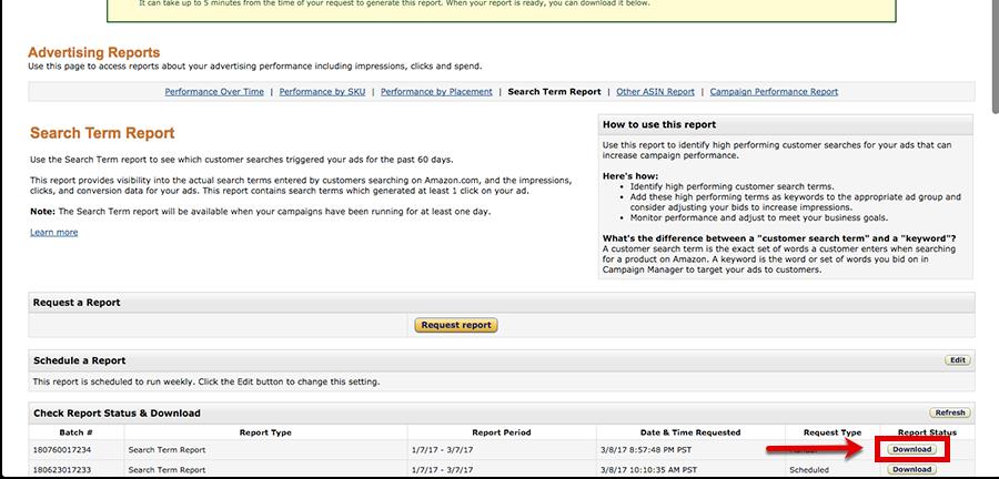 Amazon Seller Central will show your report request as in progress.