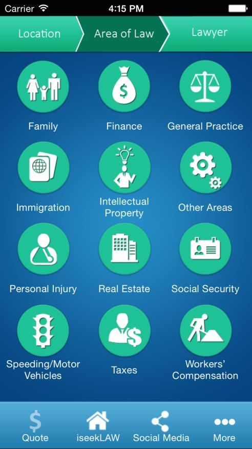 are in the process throughout the app Choose the area of law based on the icon friendly