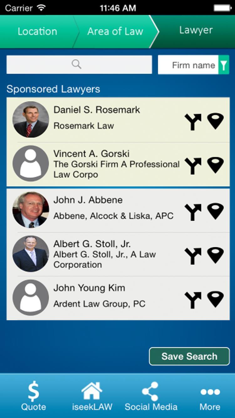 Step 3: Result = Lawyer App User receives a list of lawyers to consider The lawyers are displayed by Sponsored or Standard listings From here, the App User has many options: Further refine the search