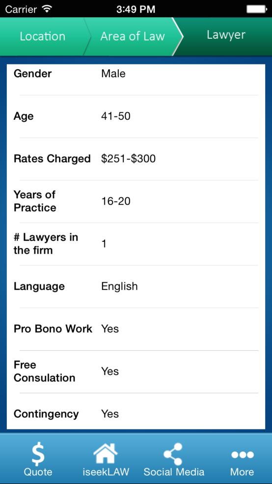 Step 3: Lawyer Profile We provide information to help the App User narrow down