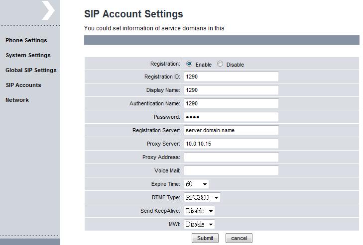SIP Accounts To configure SIP Accounts, please go to WUI SIP Accounts, Add.