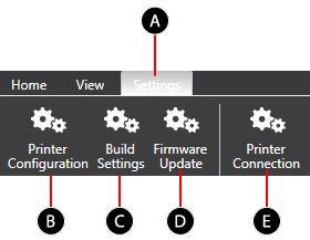 Settings Tab Adjust the settings. Printer Conﬁguration Set the printer type, number of print jets and printer materials.
