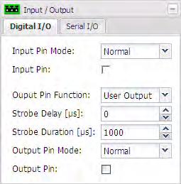 3.8 Input / Output Parameters The parameters in the Input/Output group are used to work with the camera s digital input and output pins and to configure the camera s RS-232 serial port. 3.8.1 Digital I/O Tab Input Pin Mode - Sets whether the active/inactive state of the input pin will operate normally or be inverted.