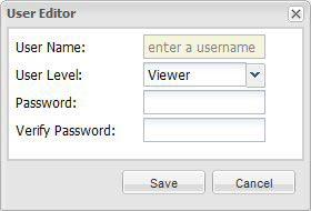 AW00097206000 Configuring the Camera To Add a New User 1. Click the New User button on the User Management tab. A User Editor window will appear as shown below. 2.
