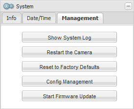 Configuring the Camera AW00097206000 3.11.3 Management Tab Show System Log - Click the Show System Log button to display a log of system messages.