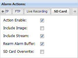 AW00097209000 Configuring the Camera SD Card Tab Include Stream - Check the Include Stream box to save video files to the SD card along with the text file.