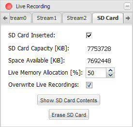 AW00097209000 Configuring the Camera Storage Location - Sets the location where the live stream should be saved. SD Card = The live stream will be saved to an SD card.