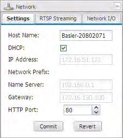 3.7 Network Parameters The parameters in the Network group are used to set the camera s IP configuration. 3.7.1 Settings Tab Host Name - Assigns a host name to the camera.
