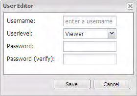 To Add a New User 1. Click the New User button on the Manage Users tab. A User Editor window will appear as shown below. 2.