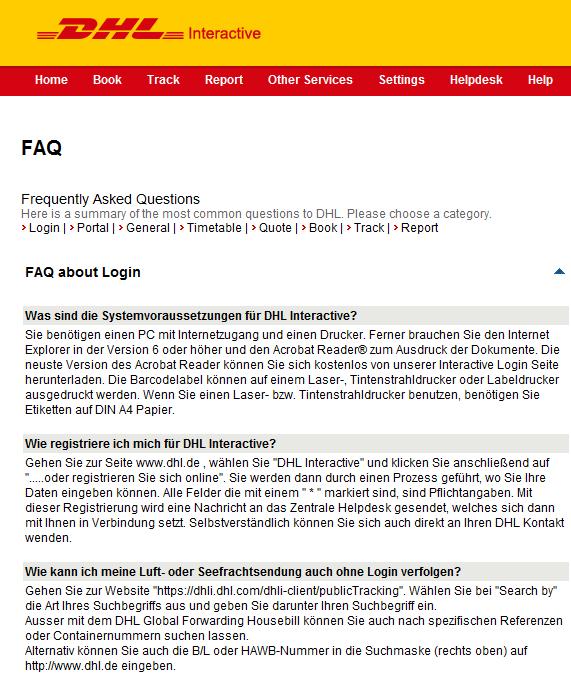 A.2 - Helpful Tips, Continued The example below is of the DHLi FAQ page. FAQs are entered into DHLi by country and are based on the user s settings.