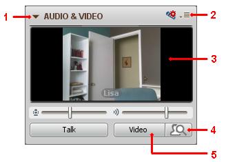 The Audi & Vide windw has the fllwing Vide cmpnents: 1 Expand/Cllapse buttn 4 Preview Vide buttn 2 Optins menu 5 Transmit Vide buttn 3 Primary vide display Yu will knw smene is transmitting vide (has