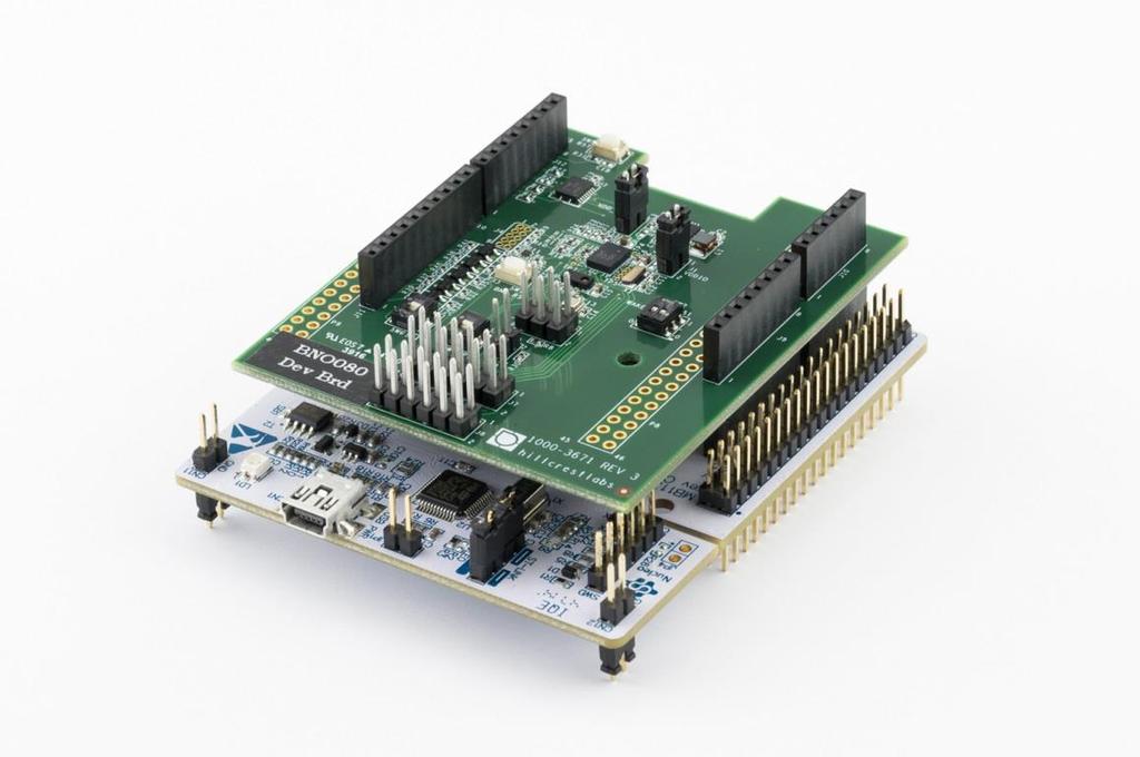 BNO080 Development Kit for Nucleo Quick Start Guide The BNO080 is a System in Package (SiP) that integrates a triaxial accelerometer, a triaxial gyroscope, magnetometer and a 32-bit ARM Cortex -M0+