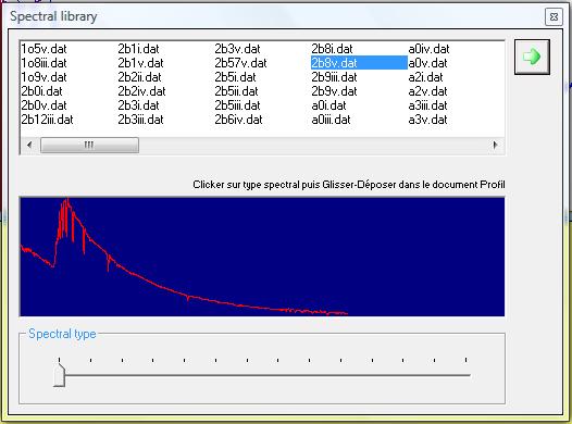 Radiometry Dialog box Library Select a spectrum by its spectral type. It will be displayed in the graphic area at the bottom.