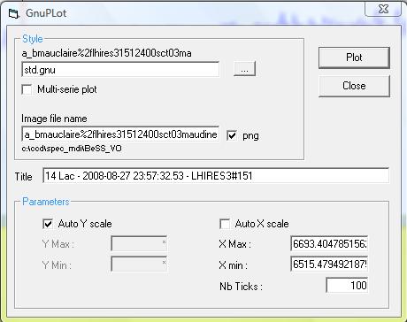 Tools GnuPlot Dialog box GnuPlot use the.dat file format to create the graph. If a profil with the.spc format is currently displayed, the.dat format will be automatically created and displayed.