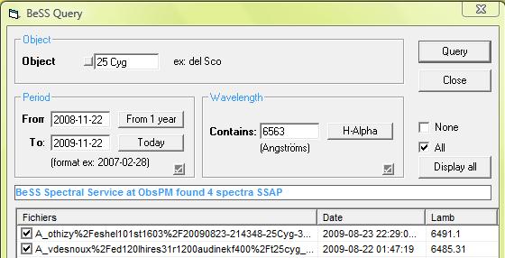 Assistants BeSS Query dialog box Enter the name of the star which you are looking for spectra in BeSS. The name format shall meet the BeSS format and shall respect the use of lower/upper case.