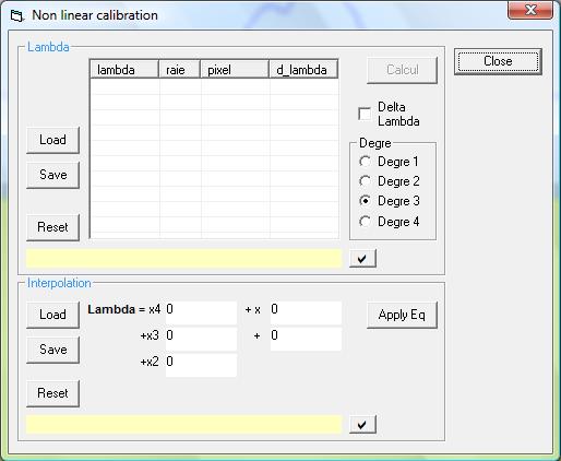 Profile Dialog box non linear calibration Select the first line by click-drag on the serie to calibrate. A small text box appears close to the cursor. Enter the wavelength value of the line.